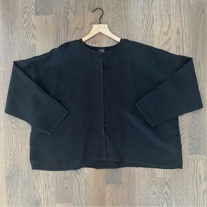 Eileen Fisher Round Neck Button Front Boxy Textured 100% Linen Top Black Medium